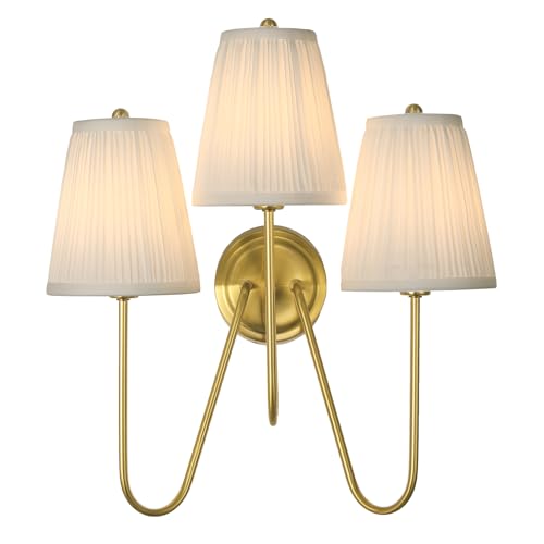 Image of Electro bp; Elegant Triple Sconce Polished Gold Curved Metal Arm with Warm White Pleated Fabric Lamp Shades Brocade Cover Wall Light Fixture,E12,3 Sockets,120W,Hardwired;