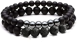 Roman Ventures 2 Piece Mens Bracelet Set- Hematite and Black Matte Agate with Tiger Eye Or Black Lava Stone Bracelet | Hematite Bracelet | Tiger Eye Bracelet | Includes Pouch & 2 eBooks