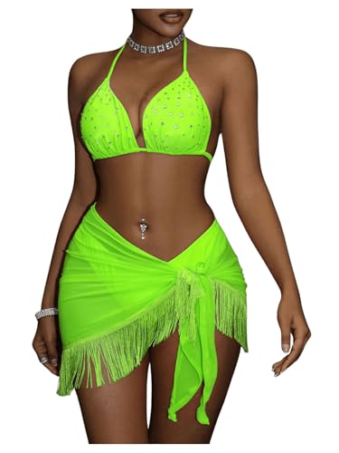 OYOANGLE Women's 3 Piece Swimsuit Rhinestone Sparkly Halter Bikini Bathing Suit with Fringe Sarong Cover Up
