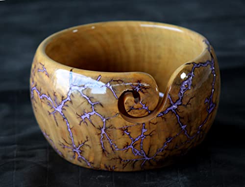 Image of Lichtenberg Figure Yarn Bowl - Handmade Wooden Yarn Bowl for Knitting Yarn Ball Holder - Yarn Bowls with Holes Crochet Bowl Holder - Yarn Storage Bowl 7 inch x 4 inch inches (Purple-A)