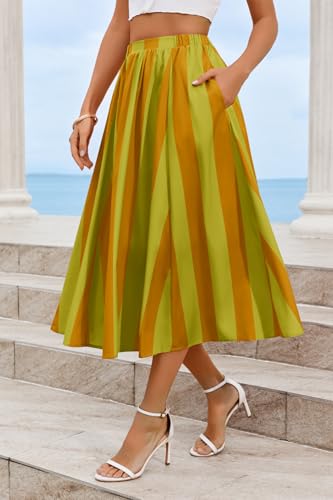 Image of Cicy Bell Womens Summer Striped Maxi Skirts A-Line Beach Vacation Outfits | Elastic Waist, Side Pockets, Flowy, Midi Length, Color Contrast, Trendy Casual