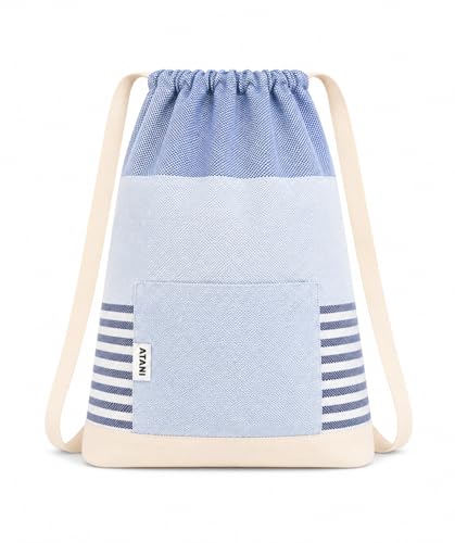 ATANI Turkish Beach Towel, Converts to a Bag, Oversized 100% Cotton Bath Towels Lightweight Quick-Dry Beach Blanket for Travel, Picnic, Camping, Yoga and Pool (Blue, 71 inc x 39 inc)