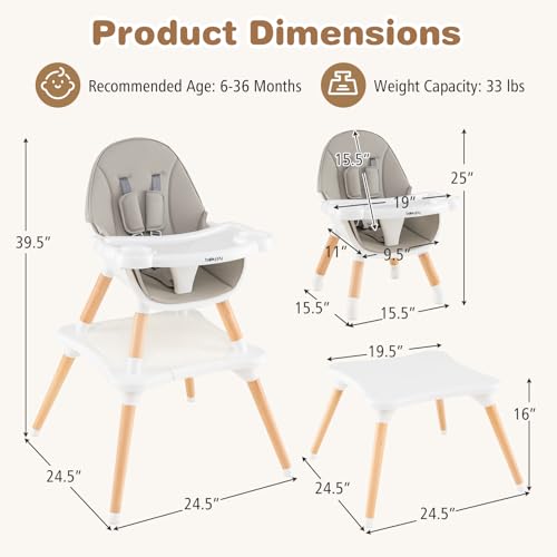 Image of BABY JOY 6 in 1 High Chair, Convertible High Chairs for Babies and Toddlers /Booster Seat /Table and Chair Set, Infant Wooden Highchair w / 5-Point Harness, 4-Position Removable Tray & PU Cushion (Gray)