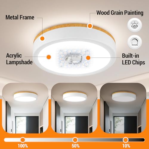 Image of 11 inch Minimalist Modern LED Ceiling Light, Painted Wood Grain Flush Mount with 5CCT 2700K-5000K, Dimmable LED Light Fixtures Ceiling Mount for Kitchen Bathroom Bedroom Hallway, 2 Packs