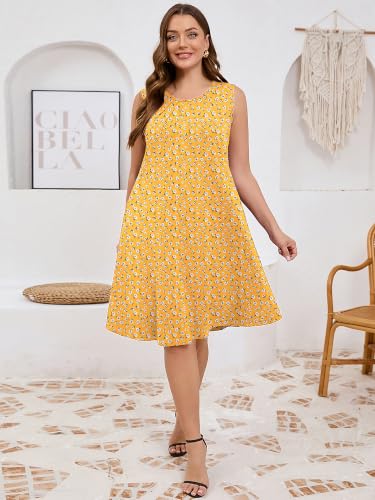 Image of AusLook Plus Size Midi Dress for Women Sleeveless Casual Summer Tank Dress with Pockets A-Line Loose Swing Dress 1-5X