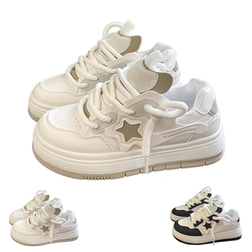 Star Shoes Women's Walking Sneakers Y2K Aesthetic Cute Chunky Low Top Lace-up Comfort Casual Fashion Sneakers (White,8)