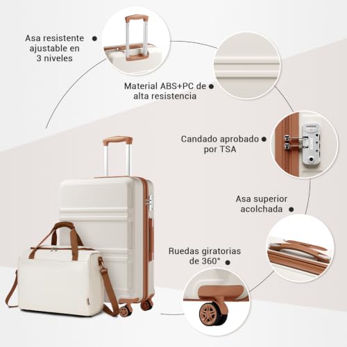 Miniatura 3 de Kono Juego De Maletas 2 Piezas Ligeras Abs Rígidas Medianas 24 Equipaje Facturado Con Cerradura Tsa Bolsa De Viaje Ryanair 40x20x25 Cm Blanco Crema