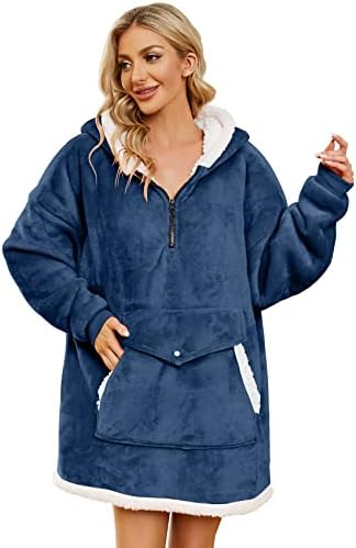 AnnaJolly Wearable Blanket Hoodie with Quarter-Zip Fuzzy Warm Sherpa Comfy Oversized Sweatshirt for Women