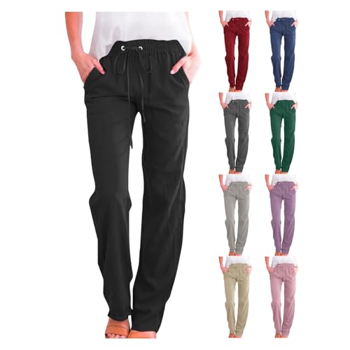 Linen Pants Women Straight Wide Leg Pants High Waisted Casual Summer Pants Lounge Beach Trousers with Pockets