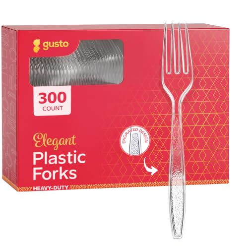 GUSTO Heavy Duty Disposable Clear Plastic Forks [300 Count] Engraved Design