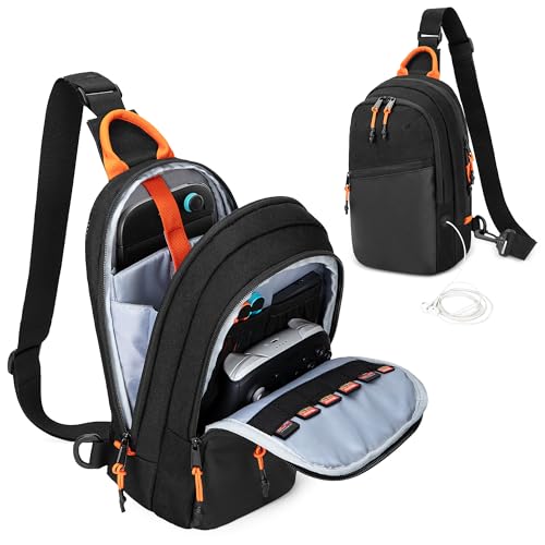 PGmoon Sling Bag Compatible with Nintendo Switch/Switch 2 (2025)/Steam Deck/ASUS ROG Ally/Legion Go, Portable Travel Chest Bag with Three-Layer Zipper Pockets for Dock Station & Accessories, Black