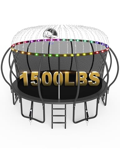 SKYUP 2026 Upgraded 8 10 12 14 15 16 FT 1500lbs Tranpoline for Kids and Adults with Light+Sprinkler+Socks, Recreational Tranpoline with Basketball Hoop, Ladder, ASTM Approved Tranpoline for 7-10 Kids