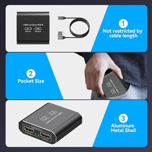JCYMELE HDMI Splitter Extended Display for Dual Monitor USB A & C to 2 HDMI Adapter 1 in 2 Out for Laptop Mac Triple Set Support MST & SST Modes; 4K @ 30Hz Output 1, 1080p Output 2