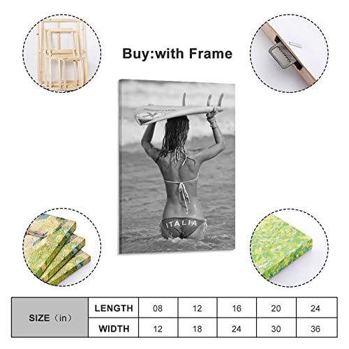 Aomaca Italian Surfer Girl Beach Black And White Surfing Photograph Vintage Poster Canvas Wall Art Room Decoration Aesthetics Wall Paintings Gifts 24X36Inch(60X90Cm) #TOP1