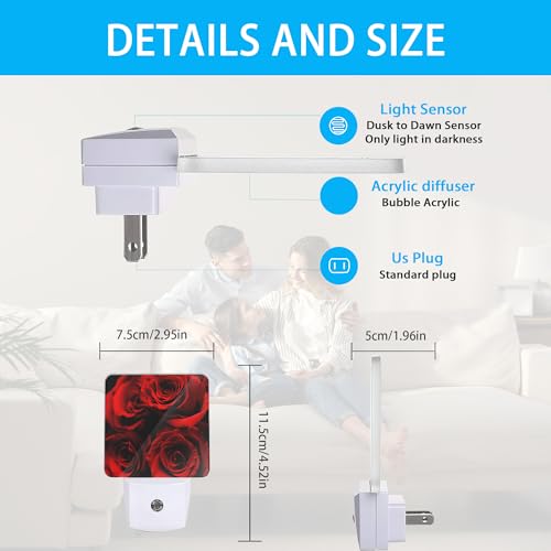 Image of Rose Night Lights Plug into Wall Abstract Red Rose and Black Leaves Night Lights Dusk to Dawn Sensor Led Lamp for Women Men,Led Lights for Stairway /Hallway /Bedroom,0.5W