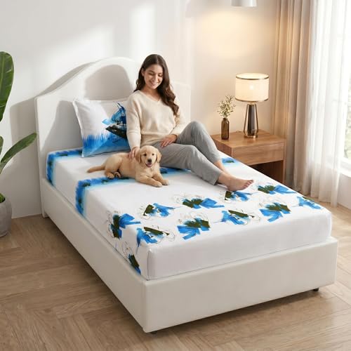 Image of Mafatlal 186 TC Autumn Delight Graceful Pure Cotton Single Flatsheet (60 x 90 Inch) | Breathable Summer Comfort | Wrinkle-Free Floral Bedsheet with 1 Pillow Cover, White Blue