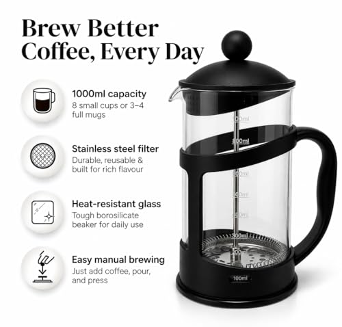 Image of GLOW Classic Continental 1 Litre Black Cafetiere - Premium Manual 4 Cup French Press Coffee Maker with Toughened Shockproof Glass Pot and Plunger Filter for Ground Beans Espresso Tea