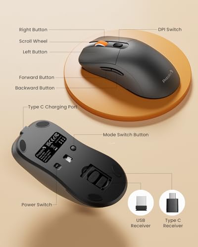 Image of ProtoArc EM15 USB C Mouse, Tri-Mode Bluetooth Mice for Laptop, Gray | 68g Ultra-Light, Full-Size Ergonomic Design, Silent Clicks, Rechargeable, Dual Receivers (Type-C & USB-A), for Windows, Mac