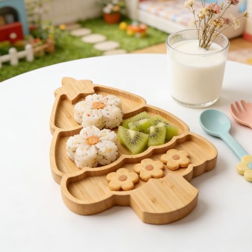 BAMOTTO CRAFTBAMBOO Bamboo Christmas Tree Serving Platter - 13.5'x8.8' Large Kids Snack Plate, Food Safe Charcuterie Board for Christmas Thanksgiving, Divided Tray for Fruit, Dessert, Baby Food