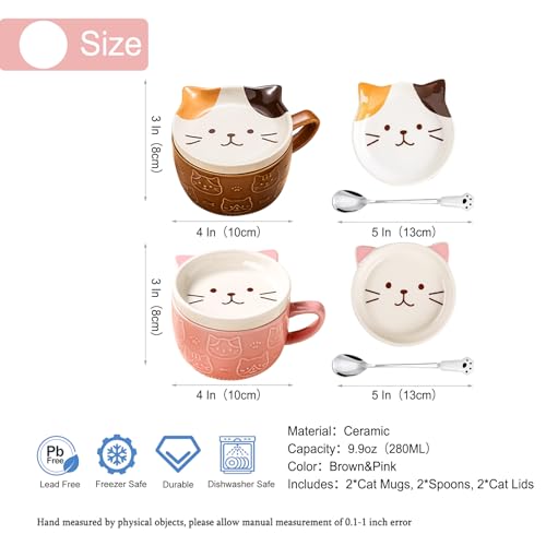BigNoseDeer 2PCS Cute Cat Mug Kawaii Tea Cup Pink Ceramic Coffee Mug with lid,Tea Cups and Saucers,Cute Cool Preppy Stuff Cute Gifts Cat Gifts for Cat Lovers Christmas Gifts 10oz(Pink+Brown)