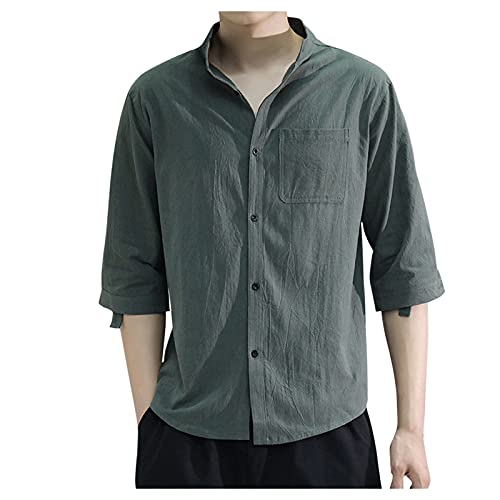 Generic Mens 3/4 Sleeve Shirts Summer Button Down Blouse Solid Color Cotton Linen Shirt Big and Tall Quick Dry Clothing Green, Large