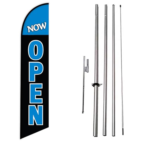 NOW OPEN Advertising Swooper Feather Flag Banner with Pole Kit and Ground Stake (Blue/Black) - Perfect for Outdoor Banner Signs
