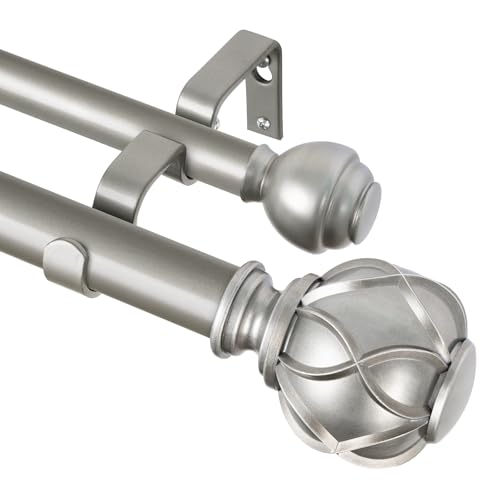 Image of KAMANINA 1 Inch Double Curtain Rods for Windows 36 to 72 Inches (3-6 Feet), Silver Heavy Duty Double Curtain Rod, Telescoping Drapery Rod with Netted Texture Finials