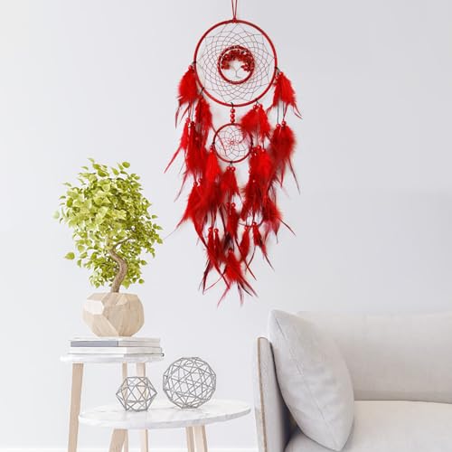 Red Dream Catcher Wall Decor Crystal Tree of Life Dream Catchers Handmade Feather Dreamcatcher Wall Hanging Ornament for Bedroom Living Room Home Decor - Image 3