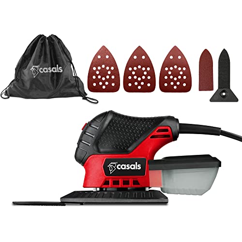 Casals - Multilijadora Compacta Mouse 75W | 11000 rpm | Aspirador Incorporado | Agarre Optimo Goma Soft-Touch| 40 Hojas Recambio (180g/120g/80g) | Incluye Bolsa Transporte