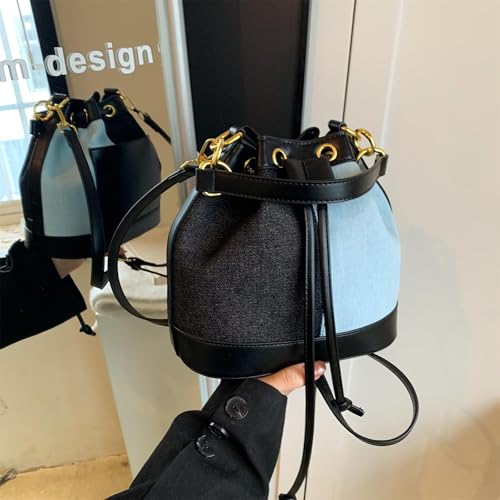 Image of Denim Bucket Bag for Women Handbag Trendy Jean Purse Drawstring Crossbody Shoulder Bag