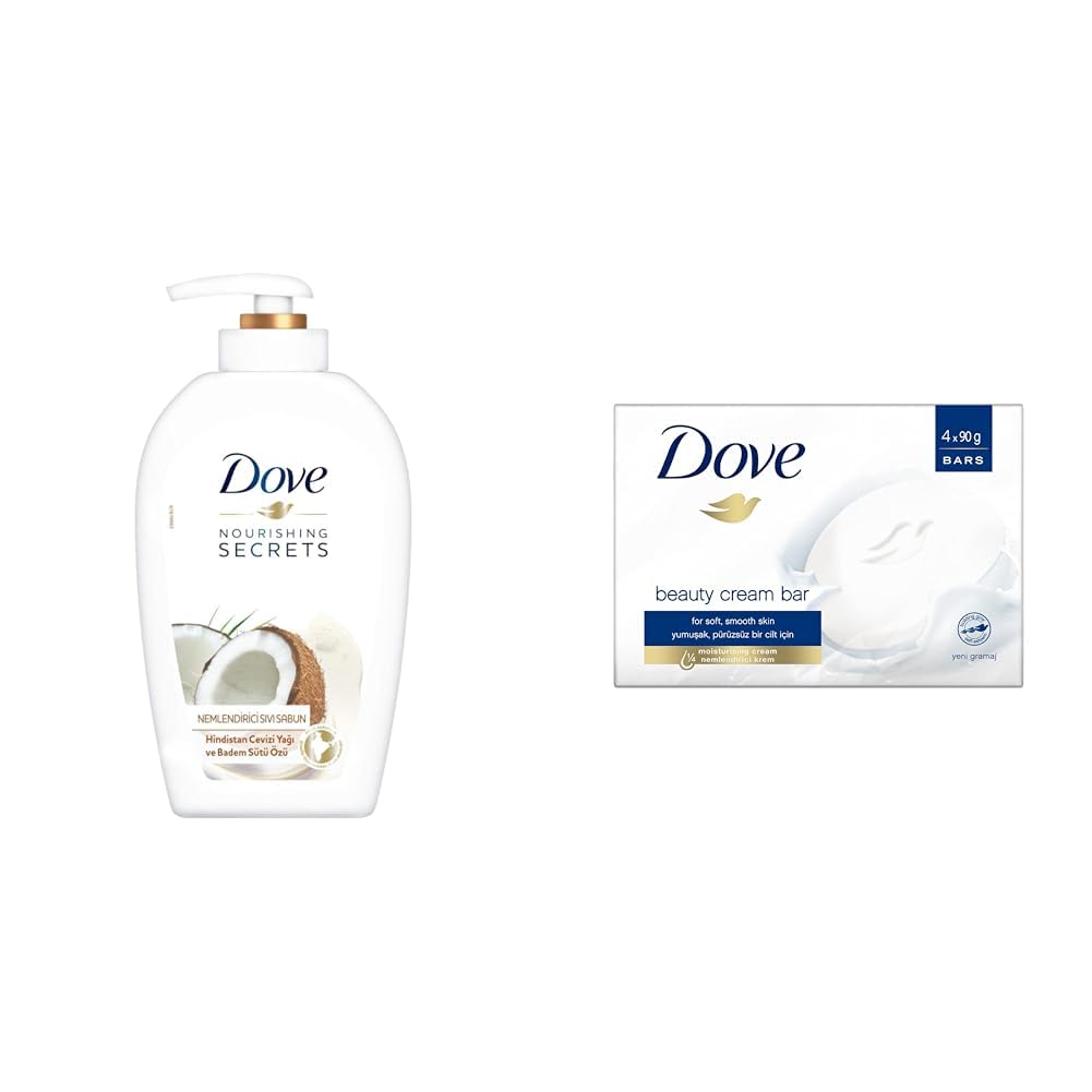 Dove Nemlendirici Sıvı Sabun Hindistan Cevizi Yağı ve Badem Sütü Özlü (500 ml)(1) Dove Beauty Cream Bar Katı Güzellik Sabunu Original Nemlendirici Etkili, (4 x 90 g)(1)