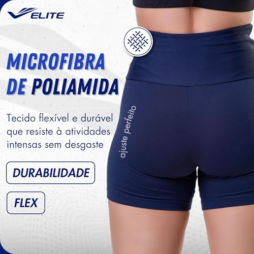 ELITE Short Academia Feminino Zero Transparência Cós Alto Anatômico Poliamida UV 50+, Marinho, P