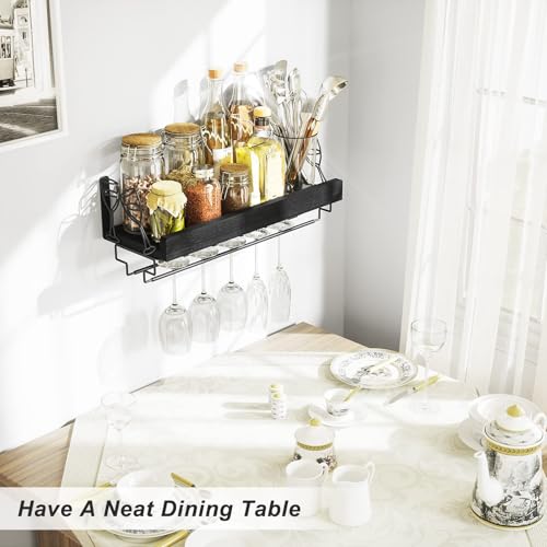 Love-KANKEI Wall Mounted Wine Rack, 17inch Wine Glass Rack Floating Shelf with Stemware Hanger, Wood Wall Shelf Wine Display Storage for Kitchen, Dinning Room, Home Bar, Living Room etc, Pitch Black by Love-KANKEI - Image 5