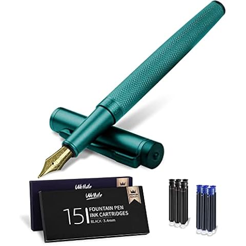 WEMATE Fountain Pen Set - Fine Nib, Refillable, 30 Ink Cartridges (15 Black & 15 Blue), with Converter, Classic Metal Pen in Luxury Gift Case for Men and Women Writing - 0.5MM, Green Cover