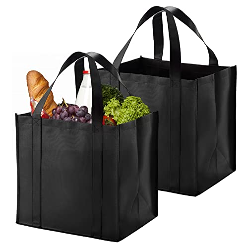 XUHN Einkaufstasche Wiederverwendbare Schwarze 2 Stück 38 x 35 x 25cm Stabile Einkaufskorb Faltbar Groß Und Leicht Mit Tragegriffen Und Kleiner Haken Für Einkaufen Picknick Camping