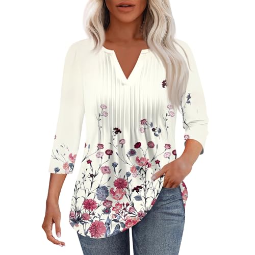 3/4 Sleeve Shirts for Women Summer V Neck Tops Going Out Floral Print Shirts Casual Ruched Elbow Sleeve Blouses 20252