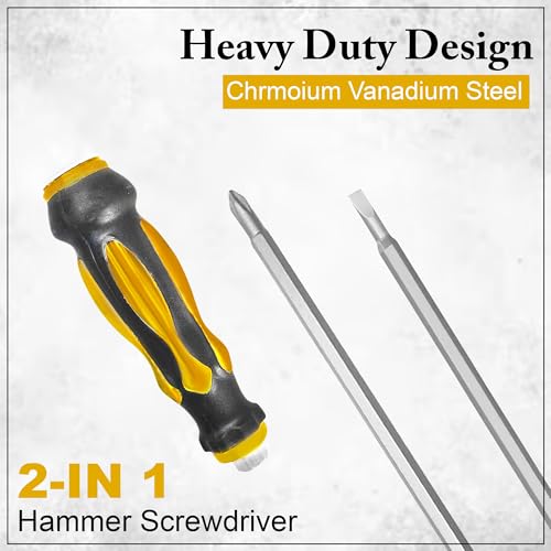 Image of GLUN 2 in 1 Screwdriver Hammer Head, Rubberised Handle Grip with Hammer Head 6 Inch 2 Shape Phillips, Flathead Screwdriver with Magnetic Tip