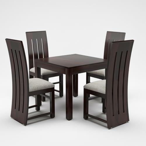 Image of Solid Sheesham Wood 4 Seater Dining Table Set with Cushioned Chairs for Dining Room | Living Room | Home & Office | Hotels Restaurant & Cafe (4 Seater, Walnut B)