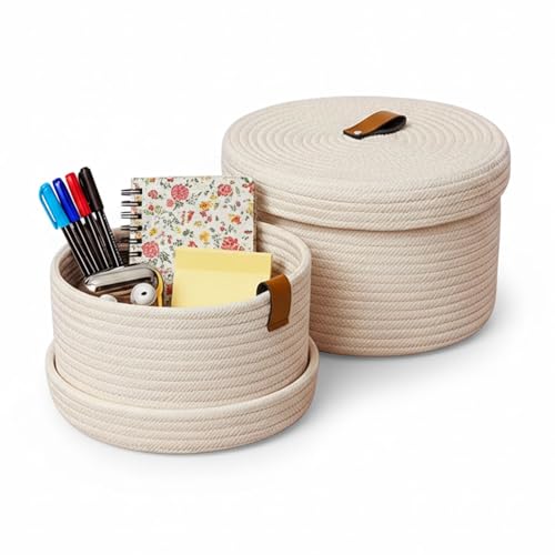 2 Stücke Aufbewahrungskörbe mit Deckel, Baumwollfaden Korb Geflochten mit Griff, Waschbarer Dekorativer Korb, Multifunktionaler Organizer für Regale, Wohnzimmer und Badezimmer (Beige)