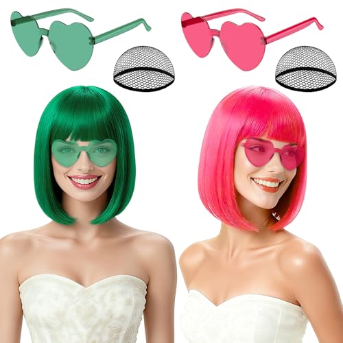 Image of 2 Pack Colored Bob Wigs and Heart Sunglasses Set, Green Hot Pink Short Straight Bob Wig with Bangs Neon Party Colorful Synthetic Hair for Women Men Halloween Costume Bachelorette Party Favors