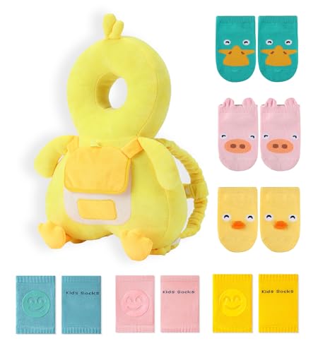 Image of JunNeng Baby Head Protector Backpack with Squeaker, Knee Pads, Anti-Slip Socks, Yellow Duck Sets