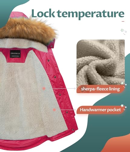 Image of CREATMO US Girl's Long Winter Warm Parka Sherpa Trimmed Collar Puffer Ski Jacket Coat