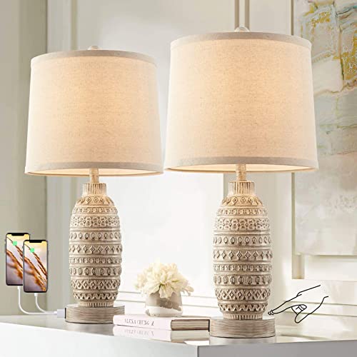 Roria Set Of 2 Rustic Touch Table Lamps For Bedroom, Dual Usb Charging Ports With 3-Way Dimmable Nightstand Desk Lamps, Linen Fabric Shade, Lamps For Living Room, Included Led Bulbs #TOP7