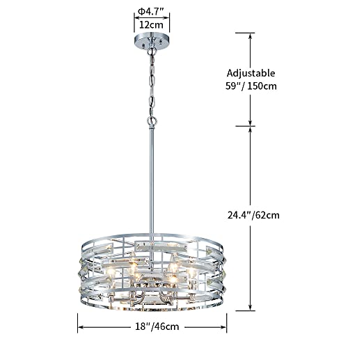 Sm Saint Mossi SM-DY-22035 Saint Mossi Modern K9 Crystal Chandeliers, Drum Pedant Light Fixture For Living Space, D18 X H24, Adjustable Chains 59", Chrome Finish Metal Frame thumb #2