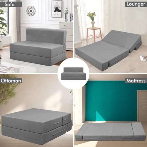 Image of Rosebell-3x6 Feet One Seater Foldable Sofa Cums Bed Jute Fabric Sofa Bed with Washable Cover & One Cushion | Ideal for Home & Office Guests - Grey