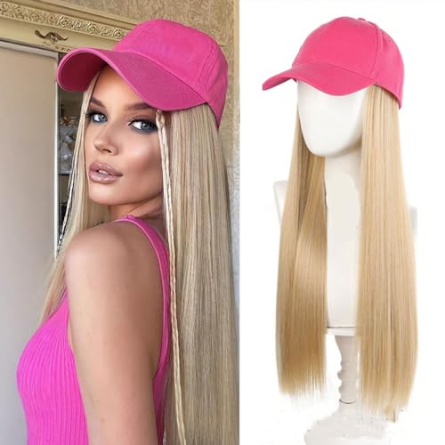 ASAYUMI Baseball Cap with Attached Long Blonde Hair Extension, Pink Hat with 22 Inch Straight Synthetic Hair.Heat Resistant Fiber Synthetic Hair for Fashion Women Hot Pink Baseball Cap