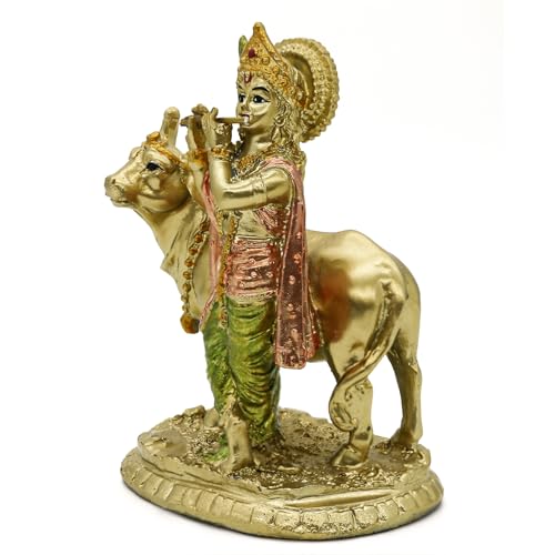 alikiki Statue du Dieu Hindou Krishna – 13 cm H bébé Krishna Idol avec Vache Nandi Statue Indien Diwali Mandir Murti Pooja Article Maison Bureau Autel Sanctuaire Puja Décor – vue 7