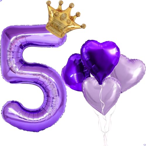 40 inch Large Purple Number 5 Crown Balloon for Aphmau Birthday Decorations, Foil Mylar Aphmau Birthday Balloons for Girls Purple Theme Party Decorations, Supplies