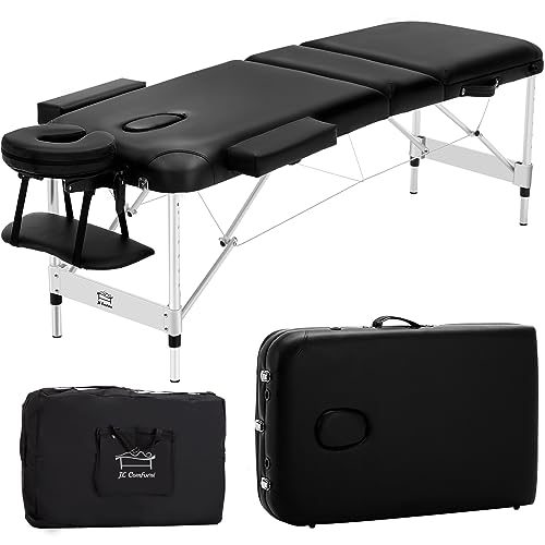 JL Comfurni ® Portable Massage Table 3 Section All-Inclusive Folding Couch Bed for Tattoo Beauty Salon Therapy with Aluminum Frame -Black