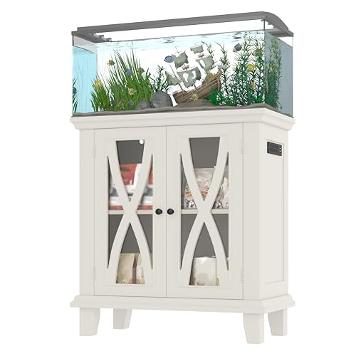 Hipicute Fish Tank Stand with Power Outlets(4 AC 2 USB), 20 Gallon Aquarium Stand Furniture with Adjustable Shelves, 10-20 Gallon Reptile Turtle Tank Stands with Storage Cabinet White